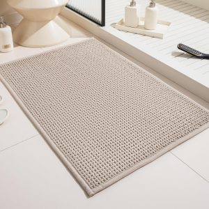 Bath Mat Shower Rug for Bathroom – 24x16 Machine Washable & Quick Dry Plush Floor Mat, Soft & Absorbent & Non Slip Chenille Boho Small Bathmat, Beige