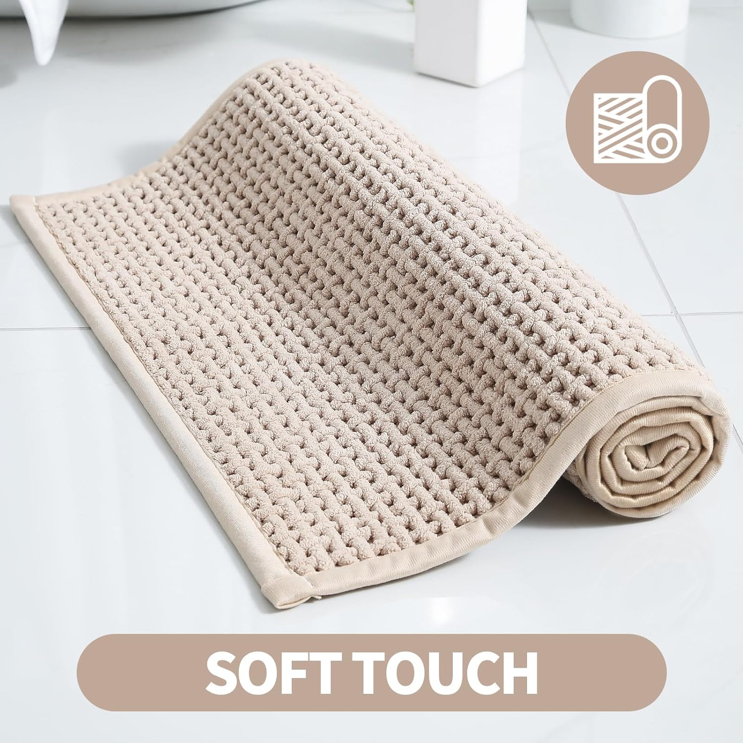 Bath Mat Shower Rug for Bathroom – 24x16 Machine Washable & Quick Dry Plush Floor Mat, Soft & Absorbent & Non Slip Chenille Boho Small Bathmat, Beige - Image 5