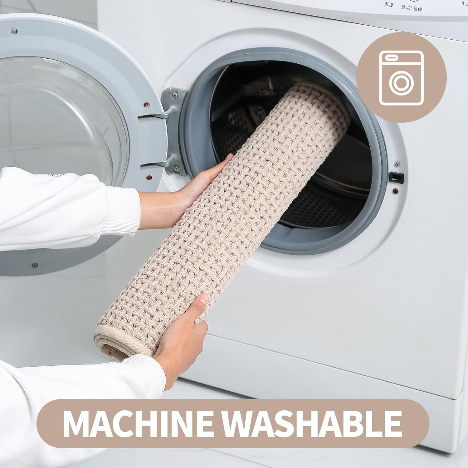 Bath Mat Shower Rug for Bathroom – 24x16 Machine Washable & Quick Dry Plush Floor Mat, Soft & Absorbent & Non Slip Chenille Boho Small Bathmat, Beige - Image 6