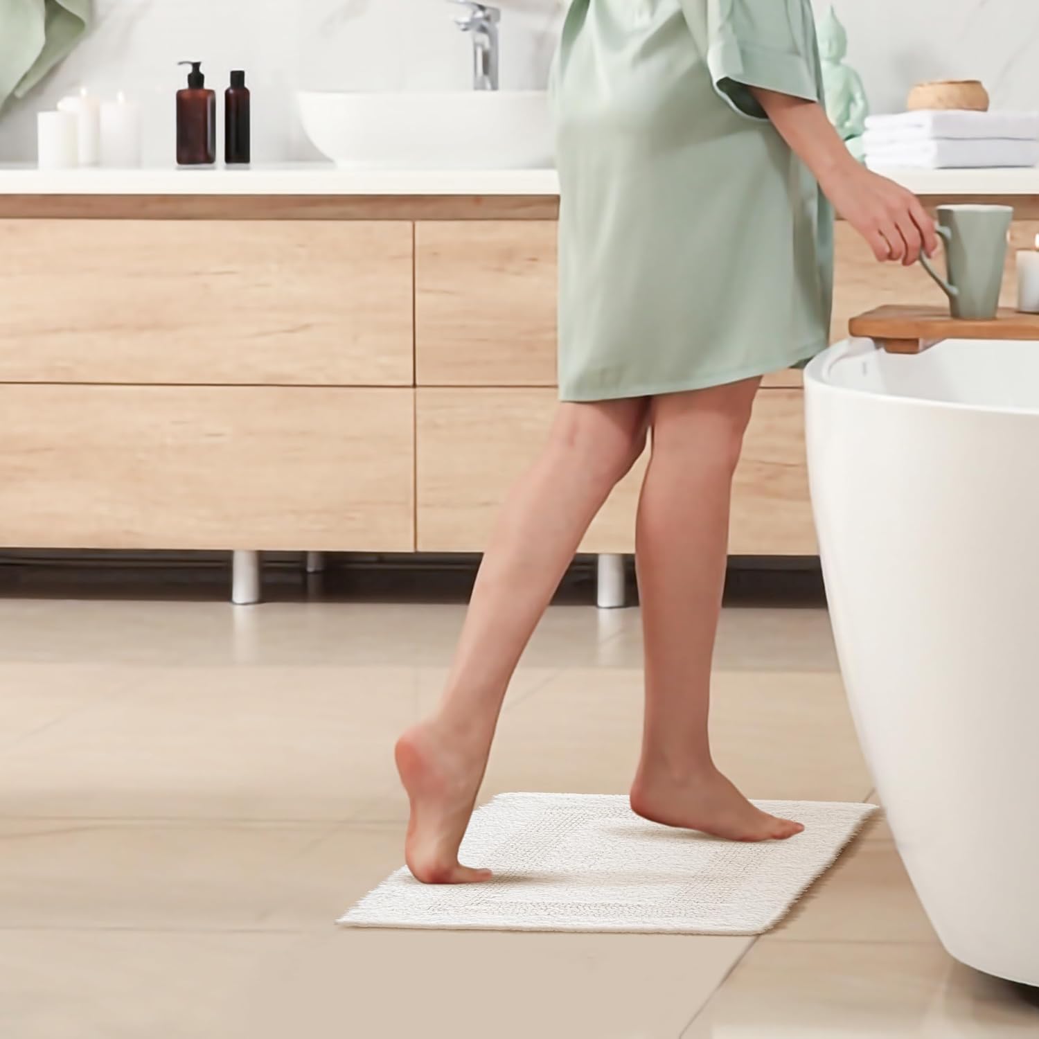 Cotton Bath Mat Rug for Bathroom - White, Reversible Bath Rugs Soft & Absorbent Quick Dry Mats, Washable Plush Hotel Quality Tufted Floor Step Out Mat for Bath Tub, Shower, Toilet - 17x24 Inches - Image 5