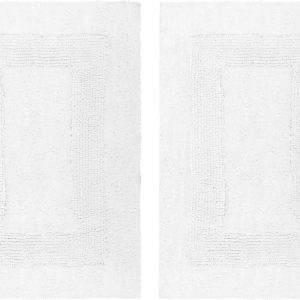 COTTON CRAFT 2 Piece Reversible Step Out Bath Mat Rug Set 17x24 White, 100% Pure Cotton, Super Soft, Plush & Absorbent, Hand Tufted Heavy Weight Construction, Full Reversible, Rug Pad Recommended