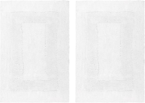 COTTON CRAFT 2 Piece Reversible Step Out Bath Mat Rug Set 17x24 White, 100% Pure Cotton, Super Soft, Plush & Absorbent, Hand Tufted Heavy Weight Construction, Full Reversible, Rug Pad Recommended