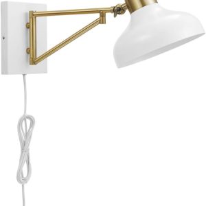 Globe Electric 51344 1-Light Plug-in or Hardwire Swing Arm Wall Sconce, White, Brass Accents, White Cloth Cord, Wall Lighting, Wall Lights for Bedroom, Kitchen Sconce Wall Lighting, Bulb Not Included