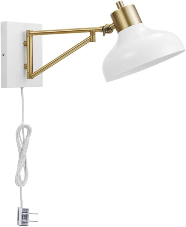 Globe Electric 51344 1-Light Plug-in or Hardwire Swing Arm Wall Sconce, White, Brass Accents, White Cloth Cord, Wall Lighting, Wall Lights for Bedroom, Kitchen Sconce Wall Lighting, Bulb Not Included