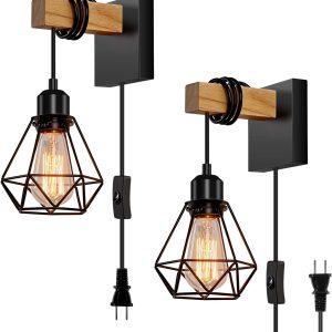 Industrial Plug in Wall Sconces Set of Two, Sconces Lighting with On/Off Switch, Rustic Indoor Vintage Bedside Cage Lighting for Stairway Bathroom Entryway Living Room Bedroom(Square Base)