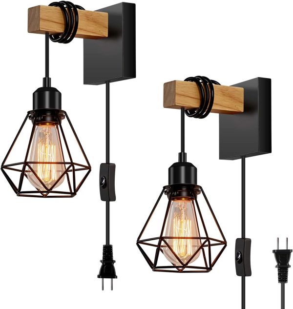 Industrial Plug in Wall Sconces Set of Two, Sconces Lighting with On/Off Switch, Rustic Indoor Vintage Bedside Cage Lighting for Stairway Bathroom Entryway Living Room Bedroom(Square Base)