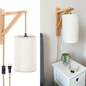 LABOREDUCER Hemp Rope Wall Lights with Plug in Cord, Farmhouse DIY Pendant Lighting/Wall Sconces, Plug in Wall Sconces Set of Two, Wall Lamps for Bedroom, Neutral Decor (Bulbs NOT Included)
