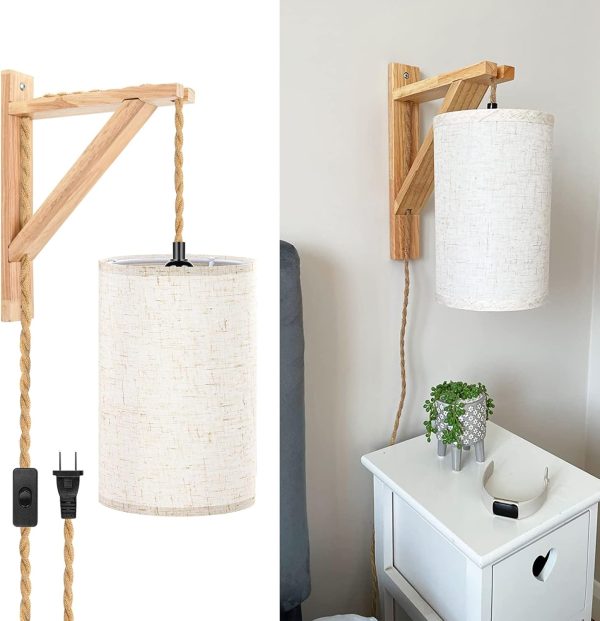 LABOREDUCER Hemp Rope Wall Lights with Plug in Cord, Farmhouse DIY Pendant Lighting/Wall Sconces, Plug in Wall Sconces Set of Two, Wall Lamps for Bedroom, Neutral Decor (Bulbs NOT Included)