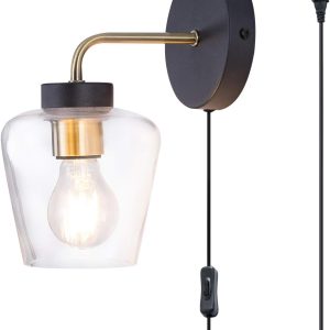TeHenoo Plug in Wall Sconce, Clear Glass Shade,Modern Matte Black Wall Lamp with Brass Accent Edison Socket for Bedroom,Bedside Living Room,E26 Base