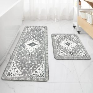 Uphome Boho Vintage 2 Piece Bathroom Rug Set Gray Non-Slip Soft Bathroom Rug Sets Machine Washable Oriental Aesthetic Bathroom Runner Traditional Tribal Floral Floor Mats for Shower Vanity Door Mat