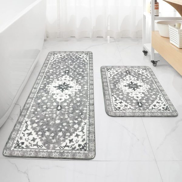 Uphome Boho Vintage 2 Piece Bathroom Rug Set Gray Non-Slip Soft Bathroom Rug Sets Machine Washable Oriental Aesthetic Bathroom Runner Traditional Tribal Floral Floor Mats for Shower Vanity Door Mat
