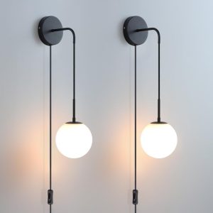 Wall Sconces Set of Two, Plug in Sconces Wall Lighting with Fabric Shade, Farmhouse Wall Lamps with Plug in Cord, Rustic Wall Lights with Wood Arm and On/Off Switch for Bedroom, Living Room